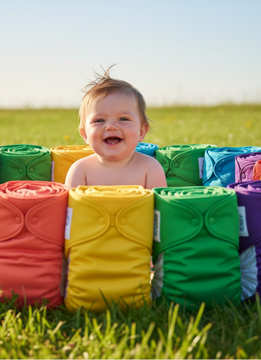 happy baby surrounded by cloth nappies in a field