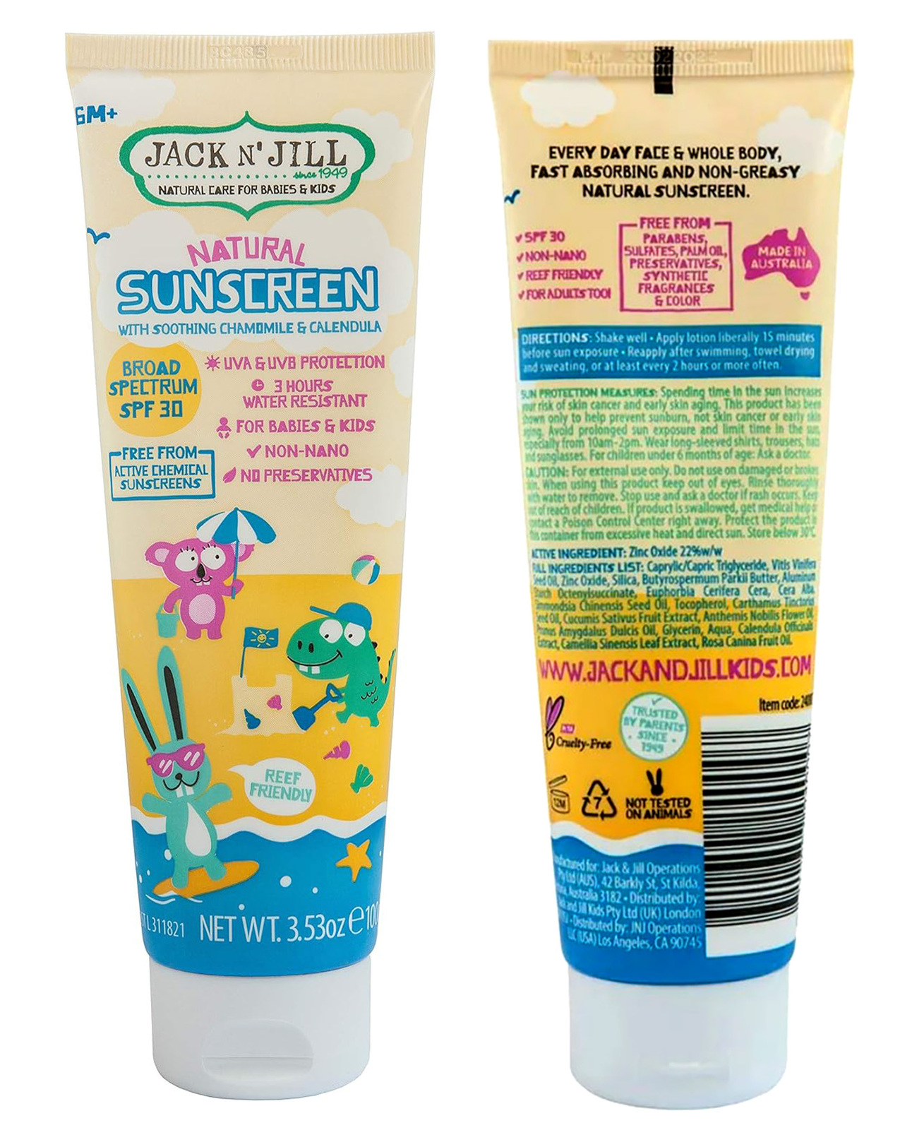 Two Tubes of Jack N'Jill SPF 30 Natural Sunscreen, showcasing its child-friendly formula with chamomile and calendula extracts, perfect for infants and children
