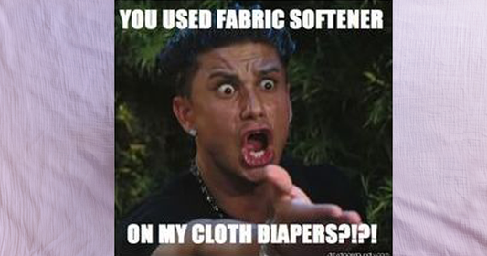 surprised man is angry because someone used fabric softener on his cloth diapers