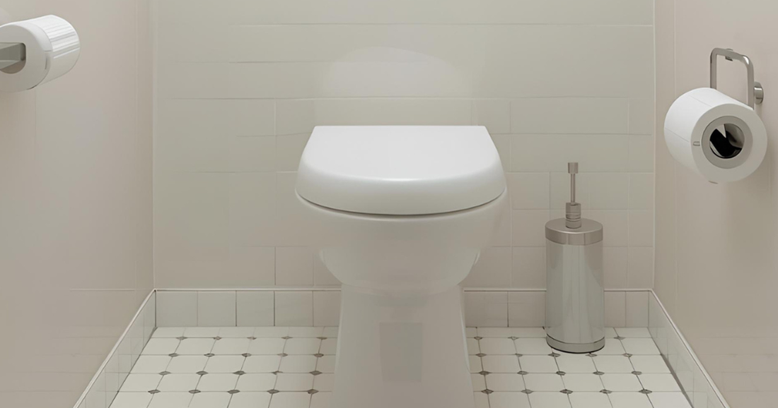 a white toilet and toilet paper on either side