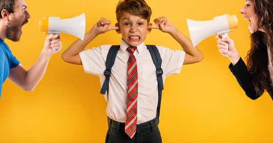 mom and dad using loud hailers to should at school boy who has his fingers in his ears