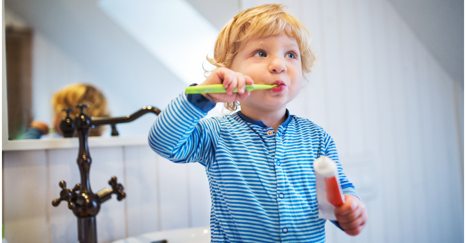 brushing toddler’s teeth with a small soft toothbrush.