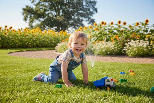 toddler playing with truck and blocks on a lawn with sunflowers in the background on a sunny day