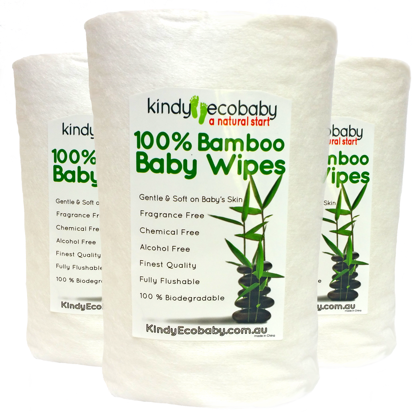 Three packages of Kindy Ecobaby 100% Bamboo Baby Wipes on a white background