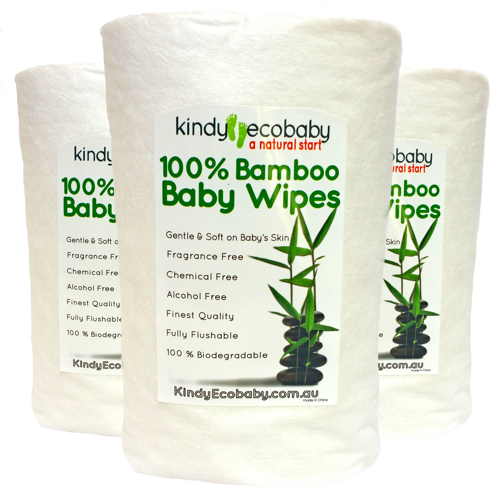 Three packages of Kindy Ecobaby 100% Bamboo Baby Wipes on a white background