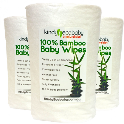 Three packages of Kindy Ecobaby 100% Bamboo Baby Wipes on a white background