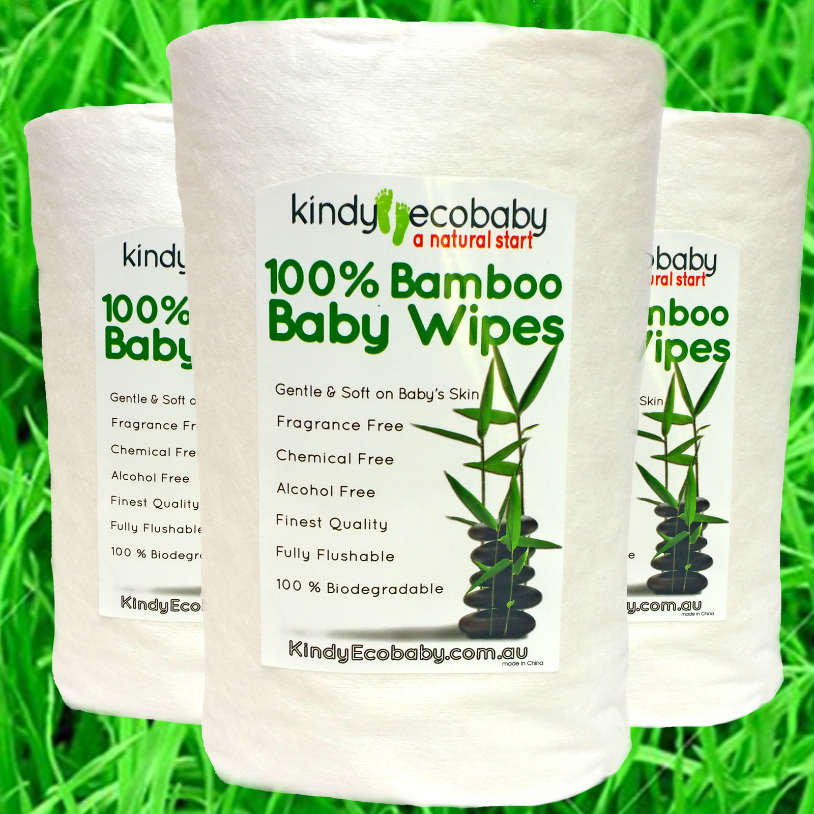 Pack of Kindy Ecobaby 100% Bamboo Baby Wipes on a grass background
