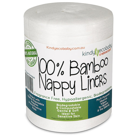 Roll of 100% Bamboo Nappy Liners with branding and product details on a white background