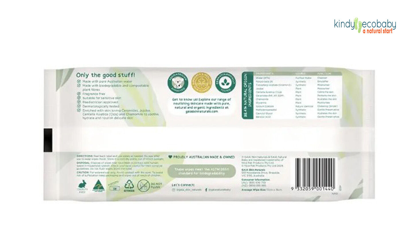 Package of Kindly Eco Baby wipes with green and white design on a white background