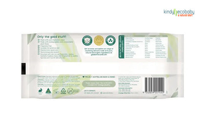 Package of Kindly Eco Baby wipes with green and white design on a white background