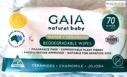 GAIA natural baby biodegradable wipes packaging with product details.