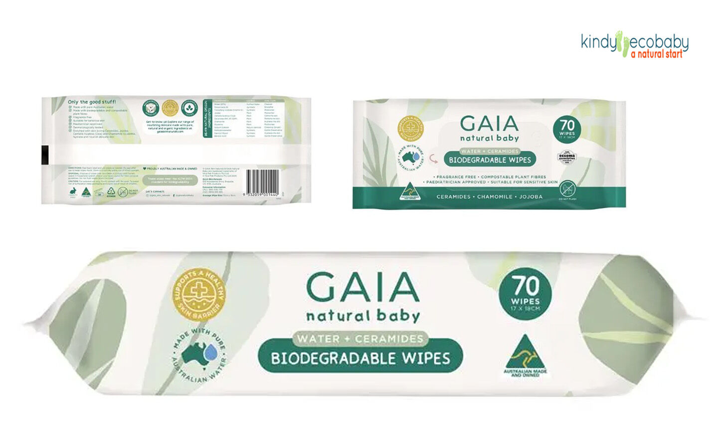 Gaia natural baby biodegradable wipes packaging on a white background