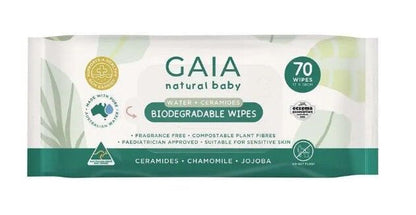 Gaia natural baby biodegradable wipes packaging on a white background