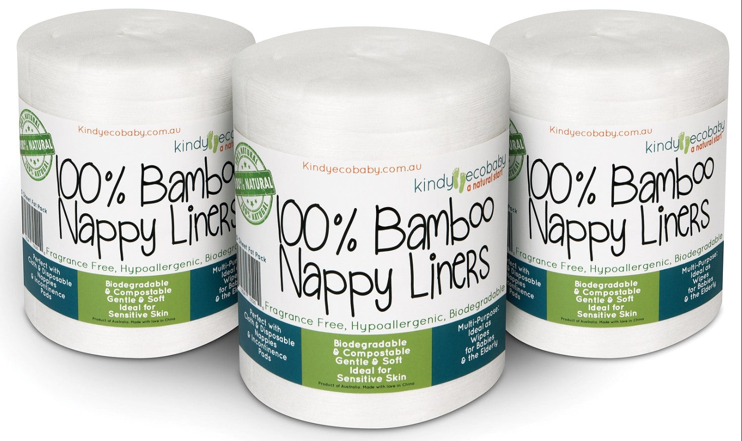 Three rolls of 100% Bamboo Nappy Liners with labels on a white background