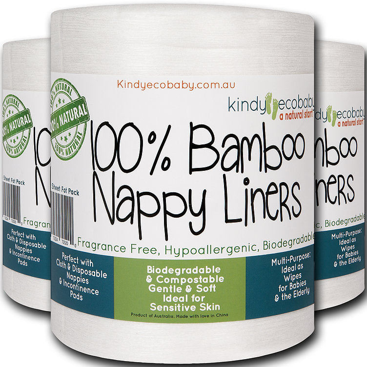 Three rolls of 100% Bamboo Nappy Liners with branding and product details on a white background.