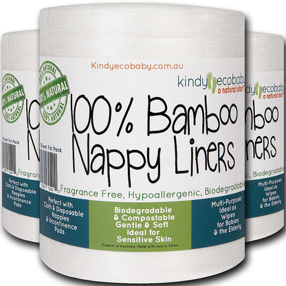 Three rolls of 100% Bamboo Nappy Liners with branding and product details on a white background.