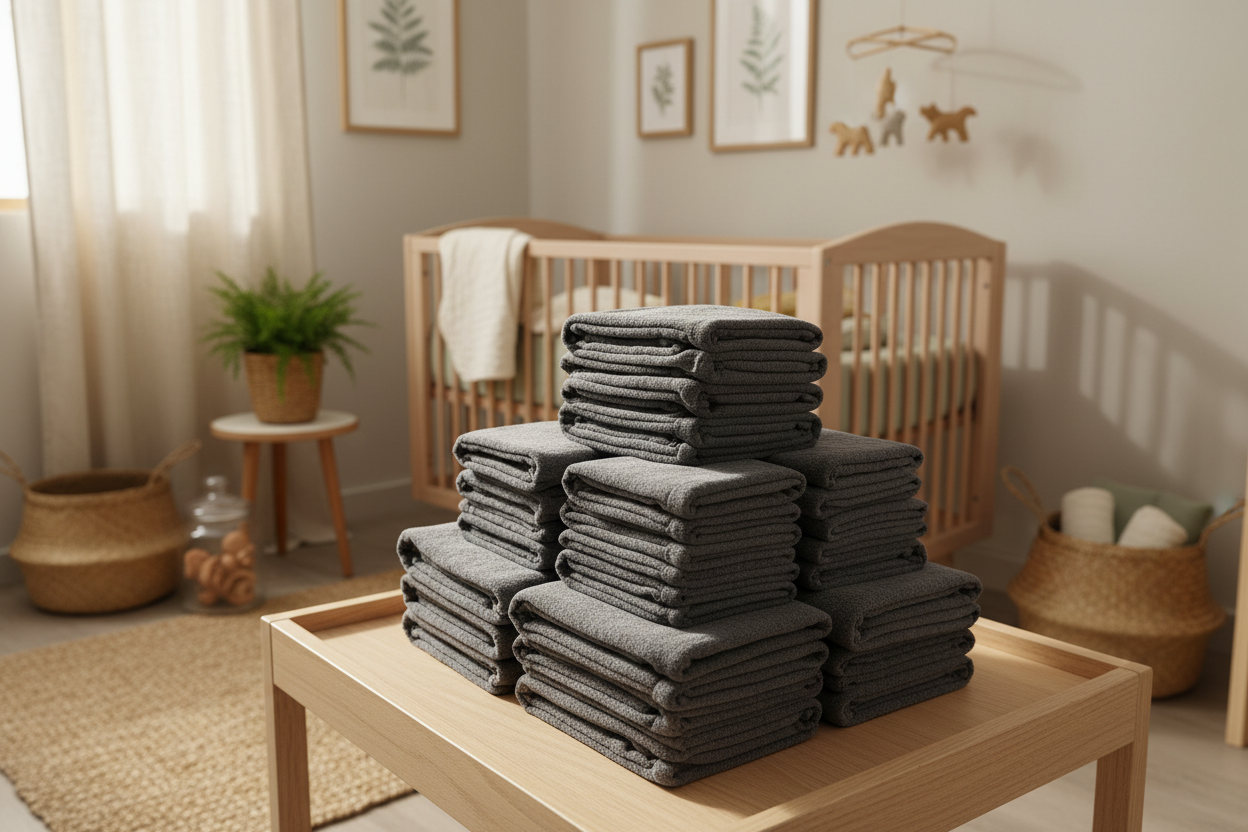cloth diaper inserts made of charcoal bamboo folded in a baby nursery