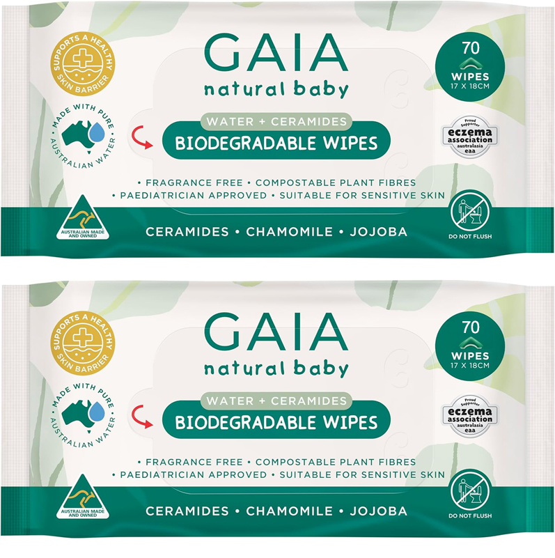GAIA Biodegradable Water Wipes (70 Wipes, Compostable & Gentle)