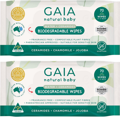 GAIA Biodegradable Water Wipes (70 Wipes, Compostable & Gentle)