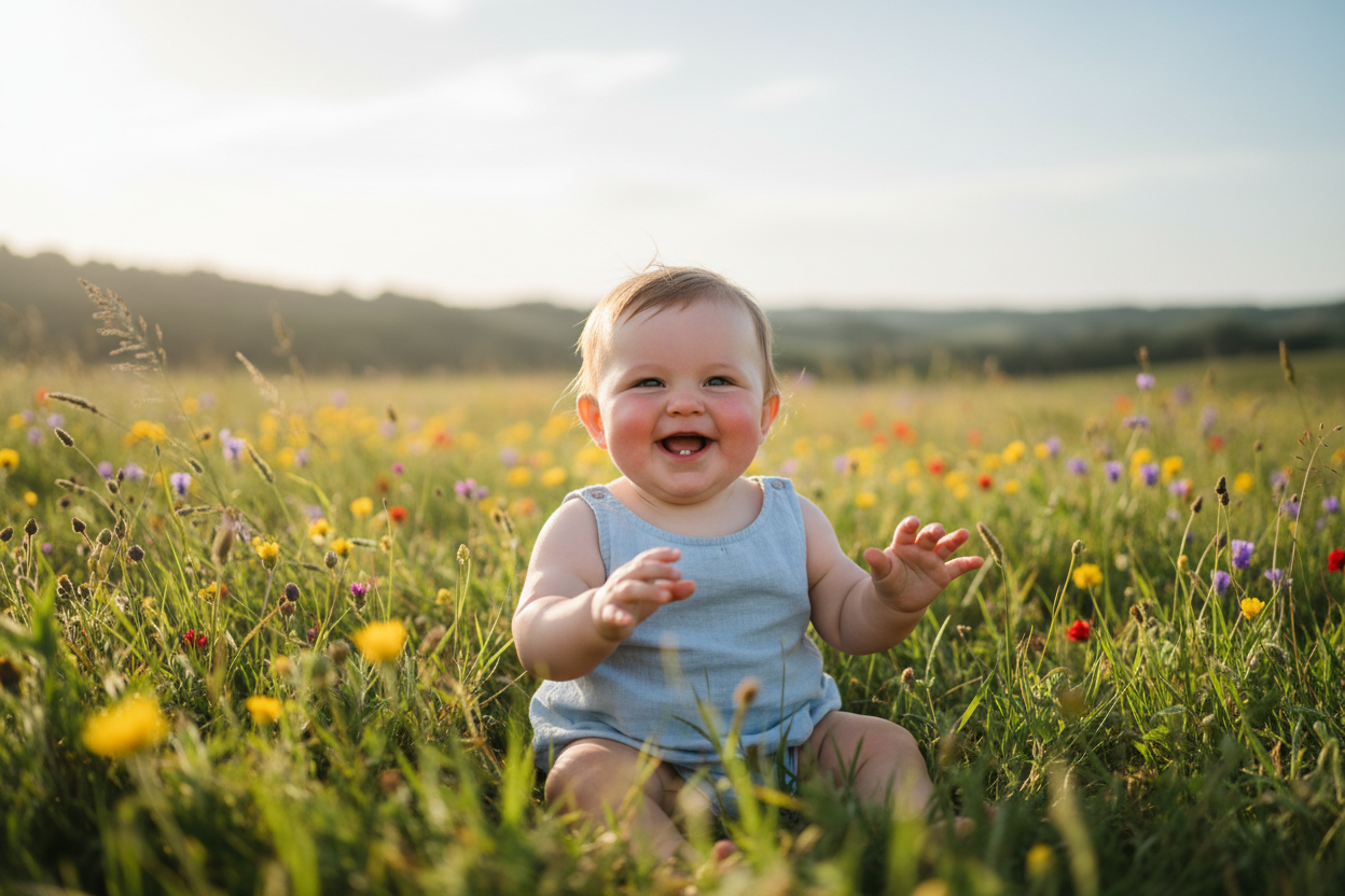 happy baby smiling in a field