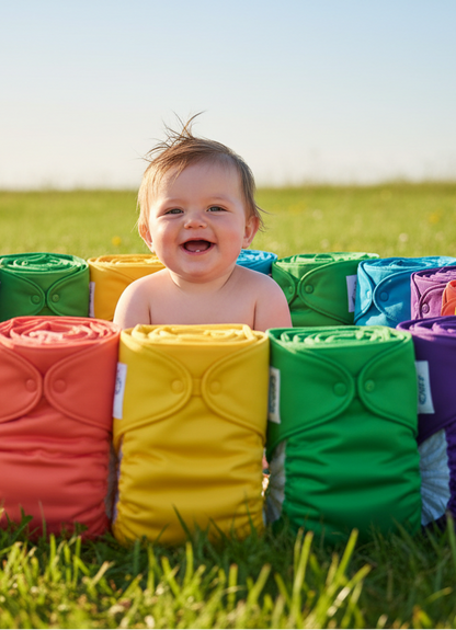 happy baby surrounded by cloth nappies in a field 
