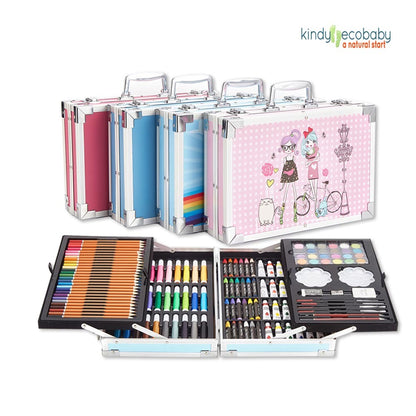 Art supply set with various in a colorful case, featuring the brand 'kindlyecababy'.
