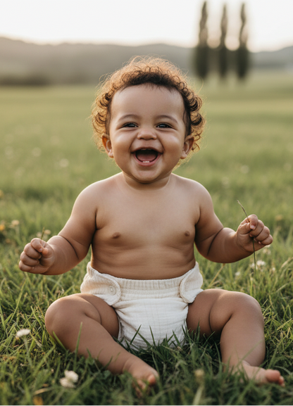 happy baby wearing a cloth nappy in a field